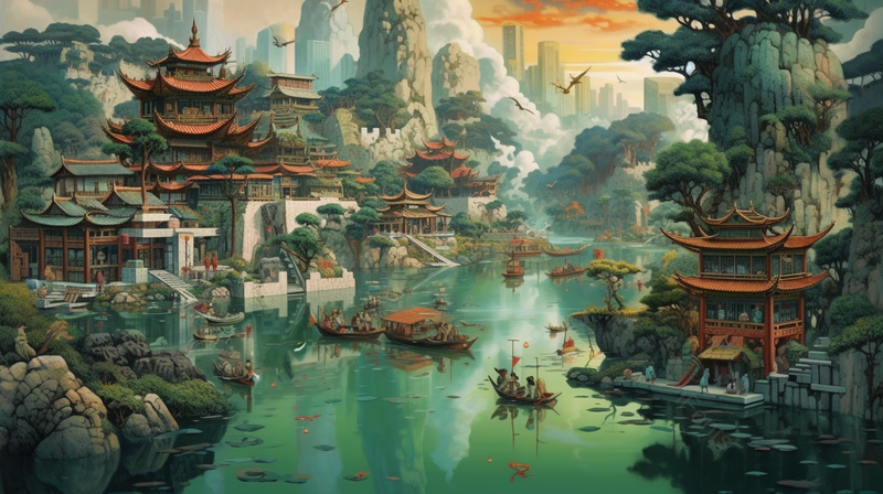 国潮风黄鹤楼地标建筑山水插画背景,插画/手绘图,插画/手绘图库,插画/手绘图下载,插画/手绘
